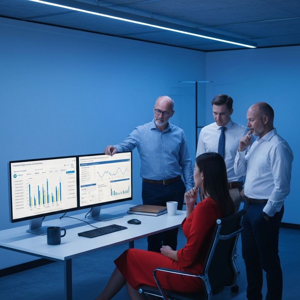 Marketing strategists reviewing advertising campaign dashboards